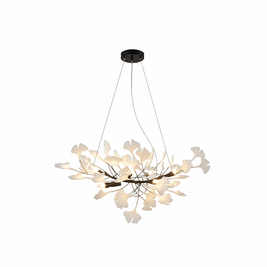 Elara Haus Porcelain Ginkgo Leaf Chandelier - Luxury Brass Branch Pendant