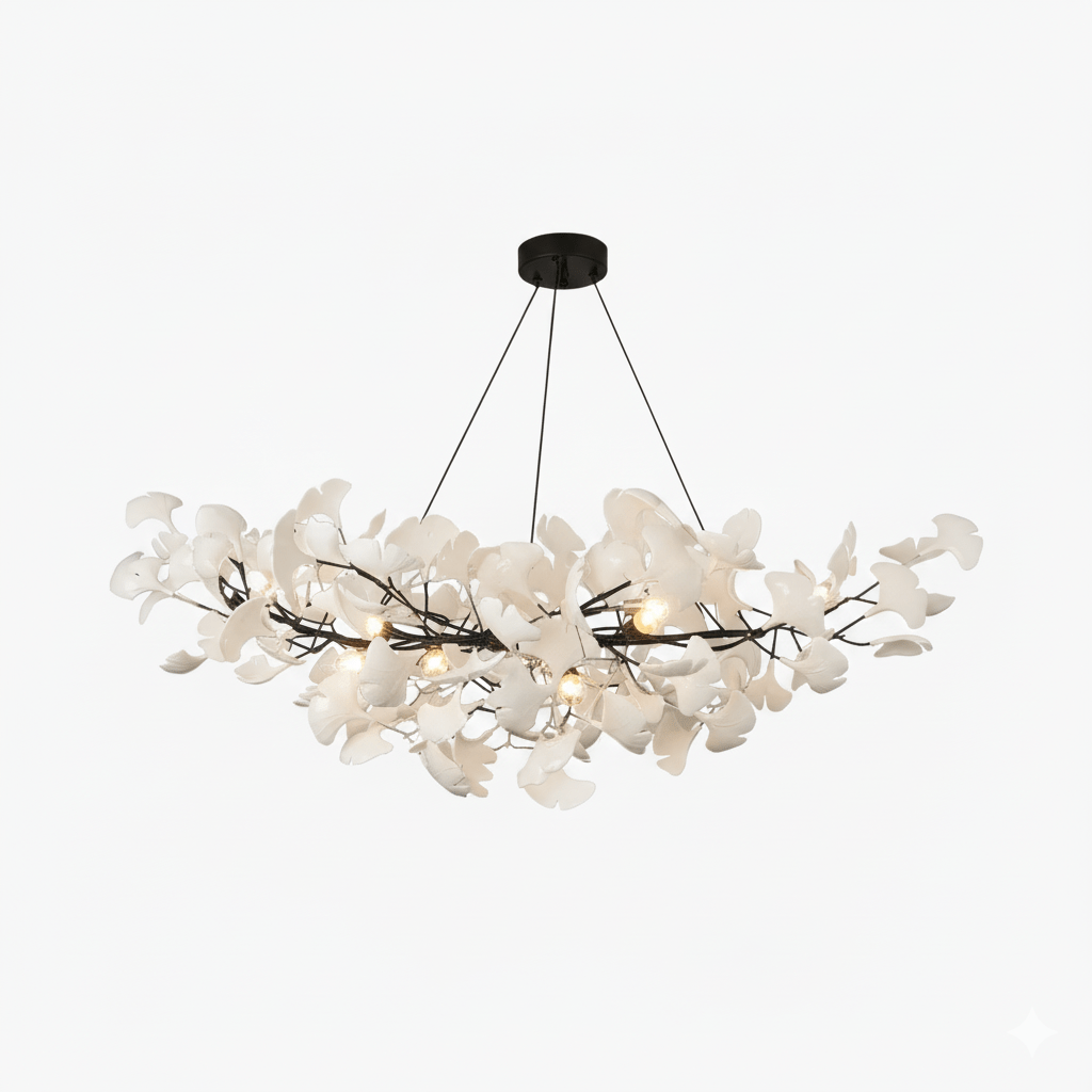 Elara Haus Porcelain Ginkgo Leaf Chandelier - Luxury Brass Branch Pendant