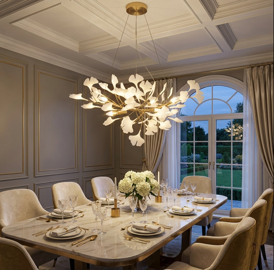 Elara Haus Porcelain Ginkgo Leaf Chandelier - Luxury Brass Branch Pendant
