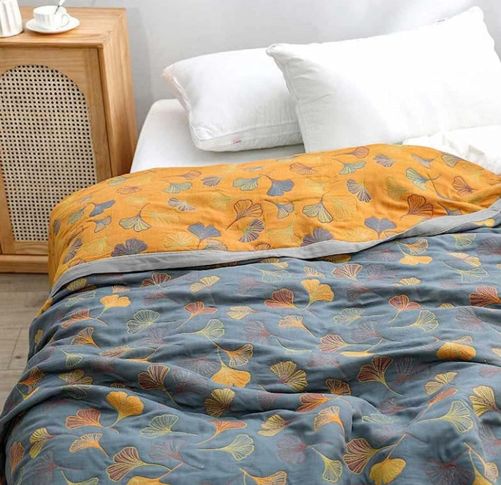 Elara Haus Premium Cotton Throw - Reversible Ginkgo Design