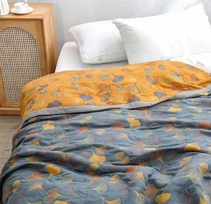 Elara Haus Premium Cotton Throw - Reversible Ginkgo Design