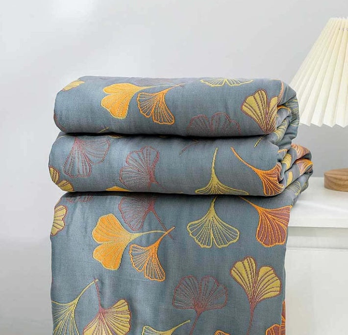 Elara Haus Premium Cotton Throw - Reversible Ginkgo Design