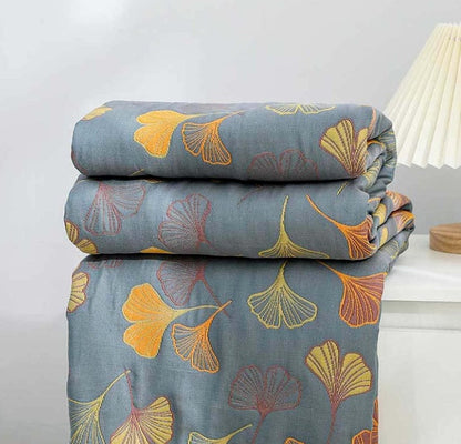 Elara Haus Premium Cotton Throw - Reversible Ginkgo Design