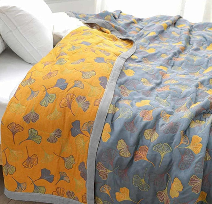 Elara Haus Premium Cotton Throw - Reversible Ginkgo Design