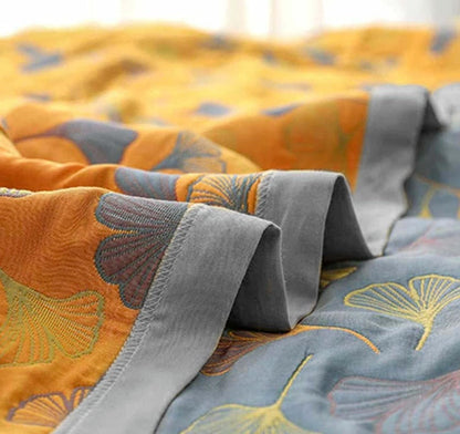 Elara Haus Premium Cotton Throw - Reversible Ginkgo Design