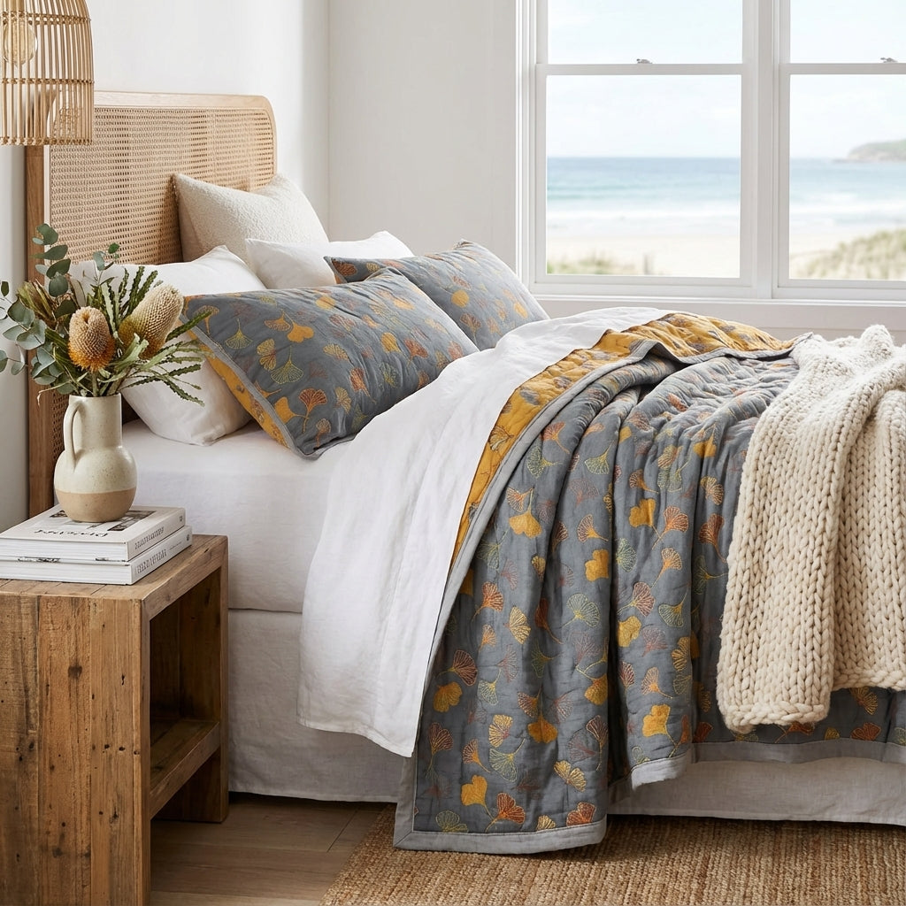 Elara Haus Premium Cotton Throw - Reversible Ginkgo Design