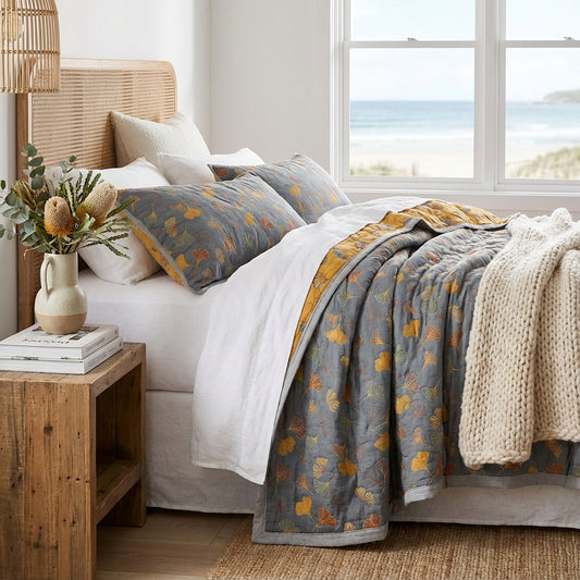 Elara Haus Premium Cotton Throw - Reversible Ginkgo Design