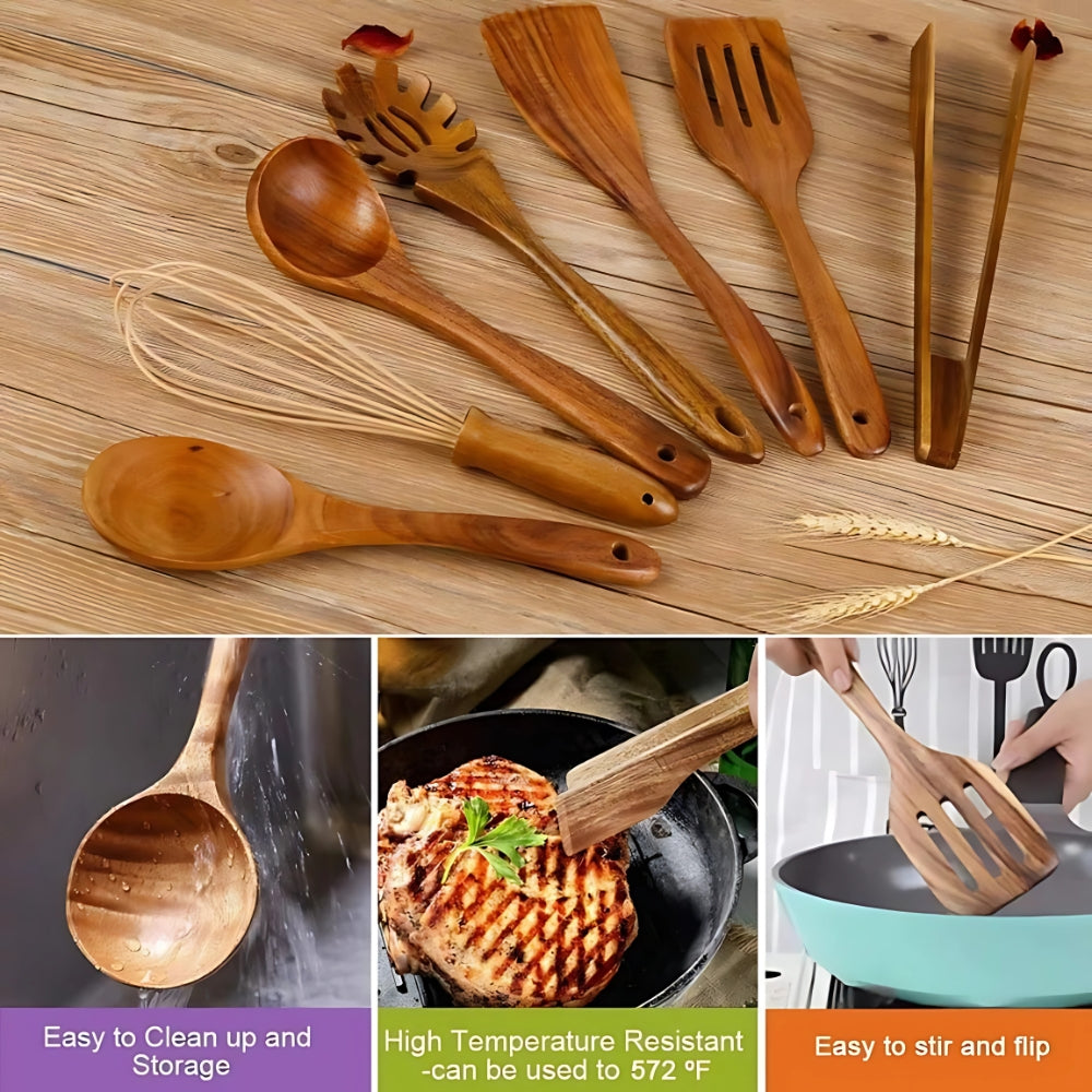 Elara Haus Premium Wooden Kitchen Utensils - 7 Piece Cooking Set
