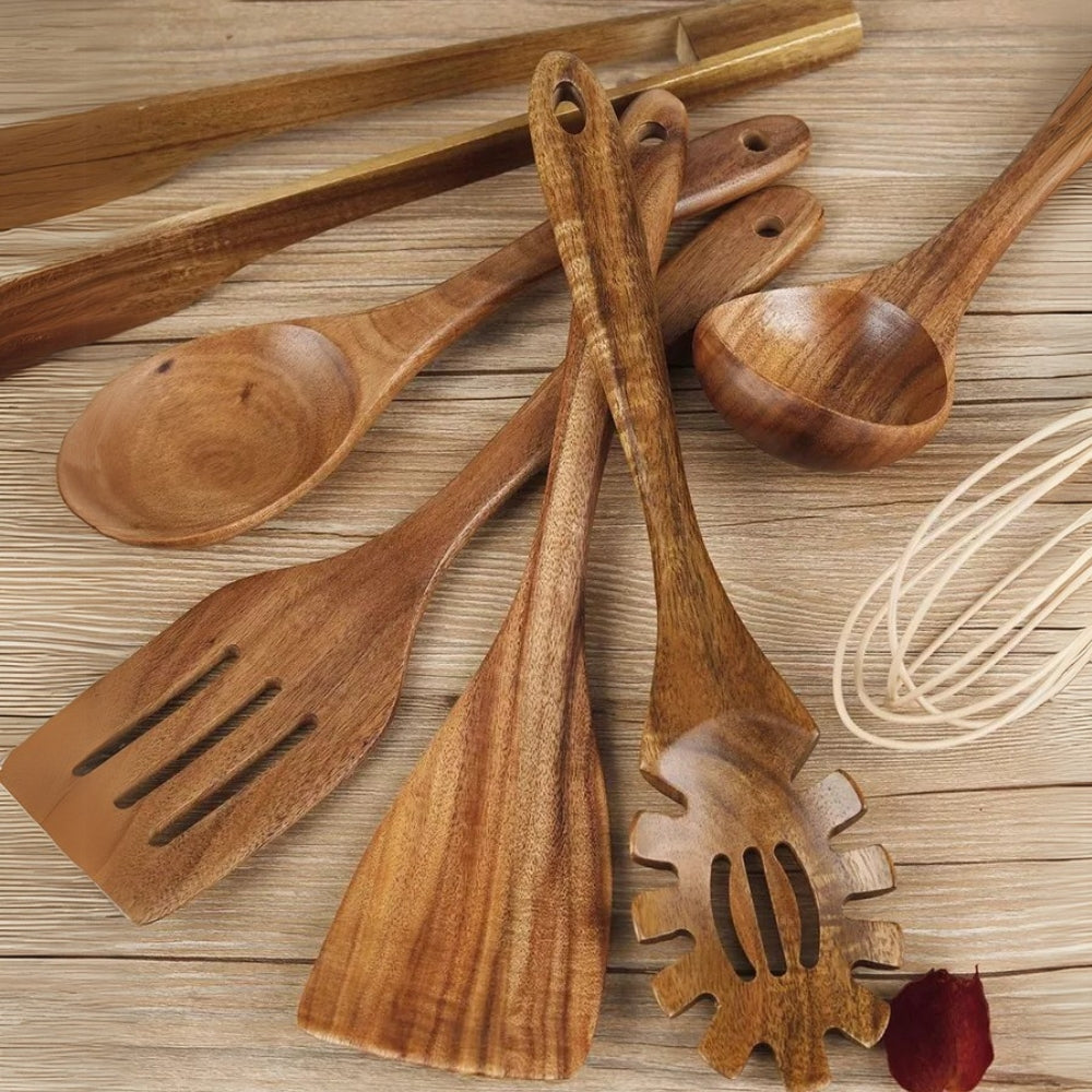 Elara Haus Premium Wooden Kitchen Utensils - 7 Piece Cooking Set