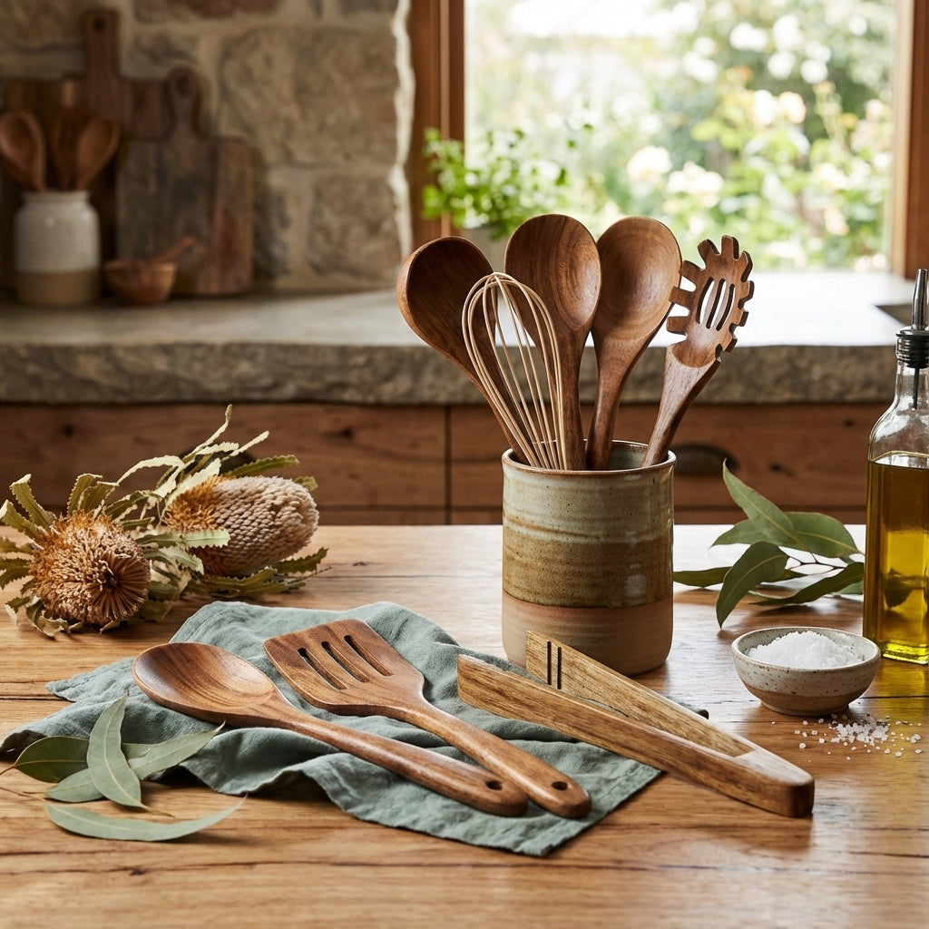 Elara Haus Premium Wooden Kitchen Utensils - 7 Piece Cooking Set