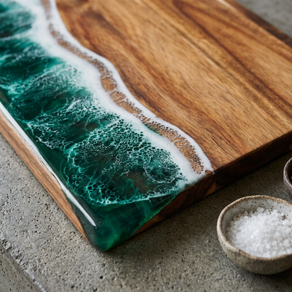 Elara Haus Rectangular Wood Serving Board with Resin Wave Art