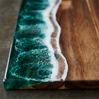 Elara Haus Rectangular Wood Serving Board with Resin Wave Art