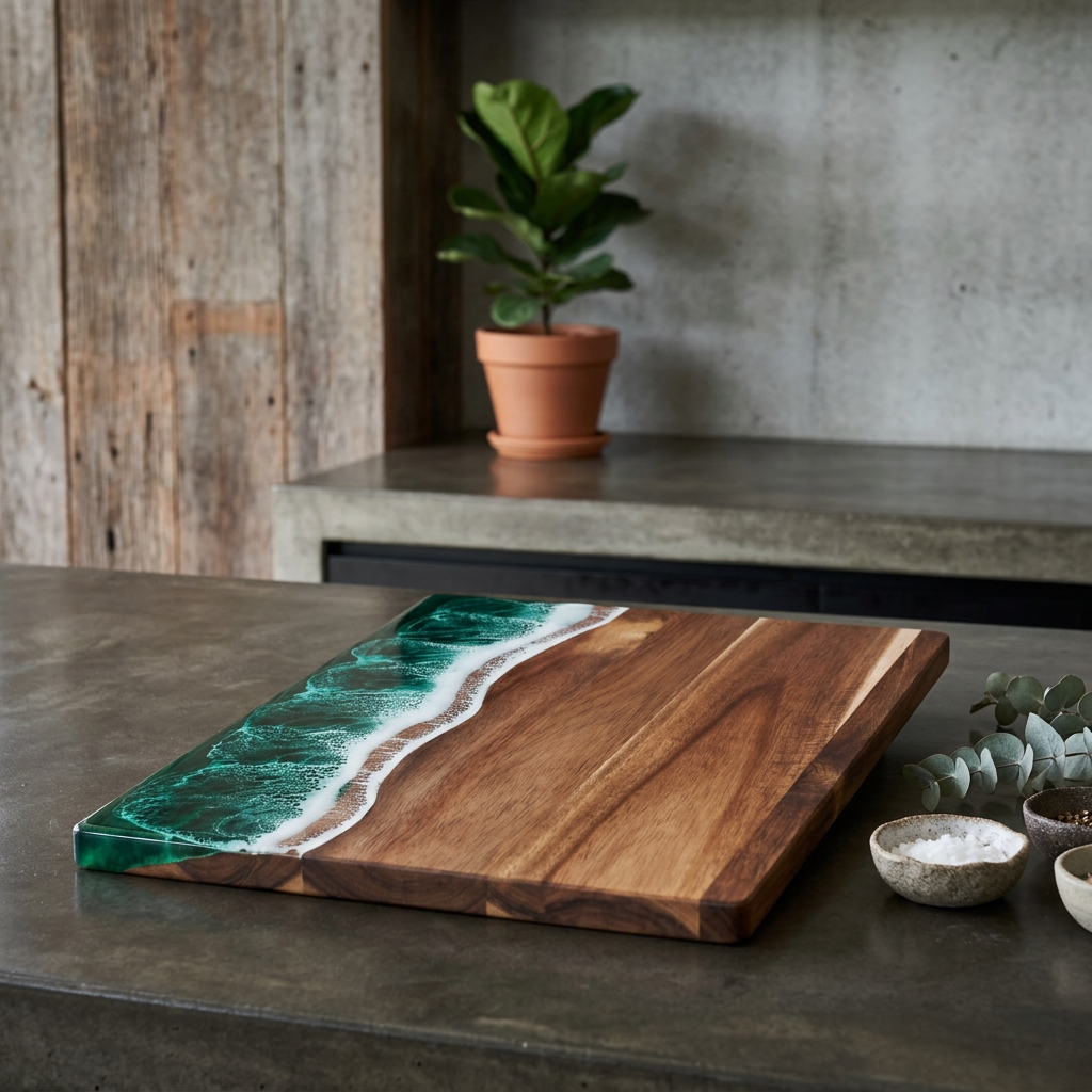 Elara Haus Rectangular Wood Serving Board with Resin Wave Art