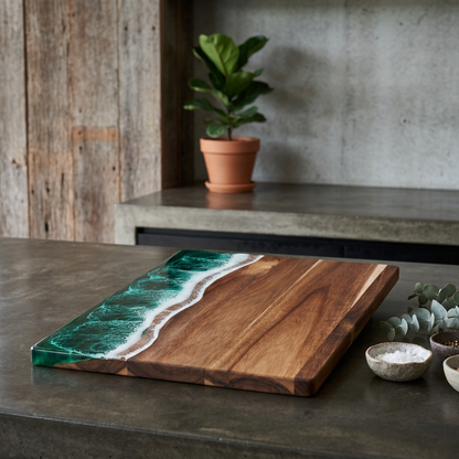 Elara Haus Rectangular Wood Serving Board with Resin Wave Art