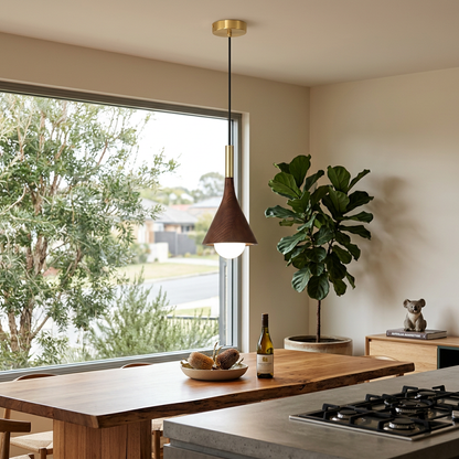 Elara Haus Refined Walnut & Brass Conical Pendant