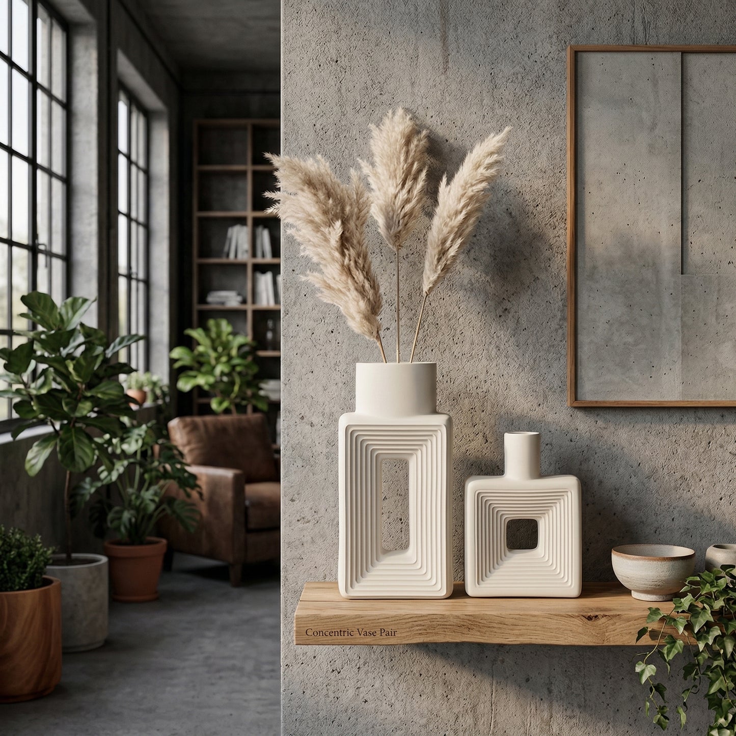 Elara Haus Relief Donut Vase – Square Sculptural Stoneware