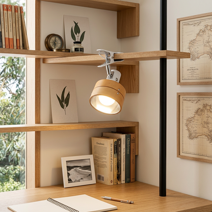 Elara Haus Retro Adjustable Clip-On Desk Lamp with Timber Accent