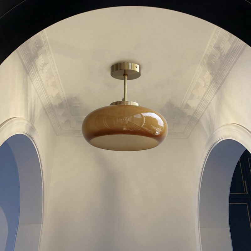 Vintage Brass Yellow Glass 1-Light Semi-Flush Mount Ceiling Light 9