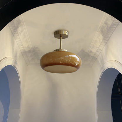 Vintage Brass Yellow Glass 1-Light Semi-Flush Mount Ceiling Light 9