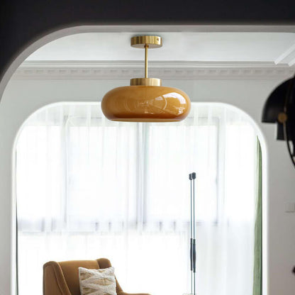 Vintage Brass Yellow Glass 1-Light Semi-Flush Mount Ceiling Light 1