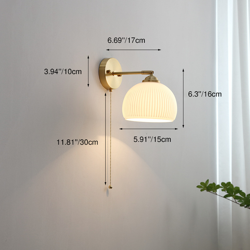 Contemporary Nordic Striped White Glass Brass 1-Light Pull Cord Wall Sconce Lamp For Bedroom 3