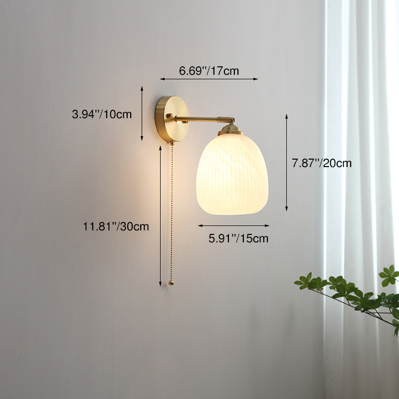 Contemporary Nordic Striped White Glass Brass 1-Light Pull Cord Wall Sconce Lamp For Bedroom 4
