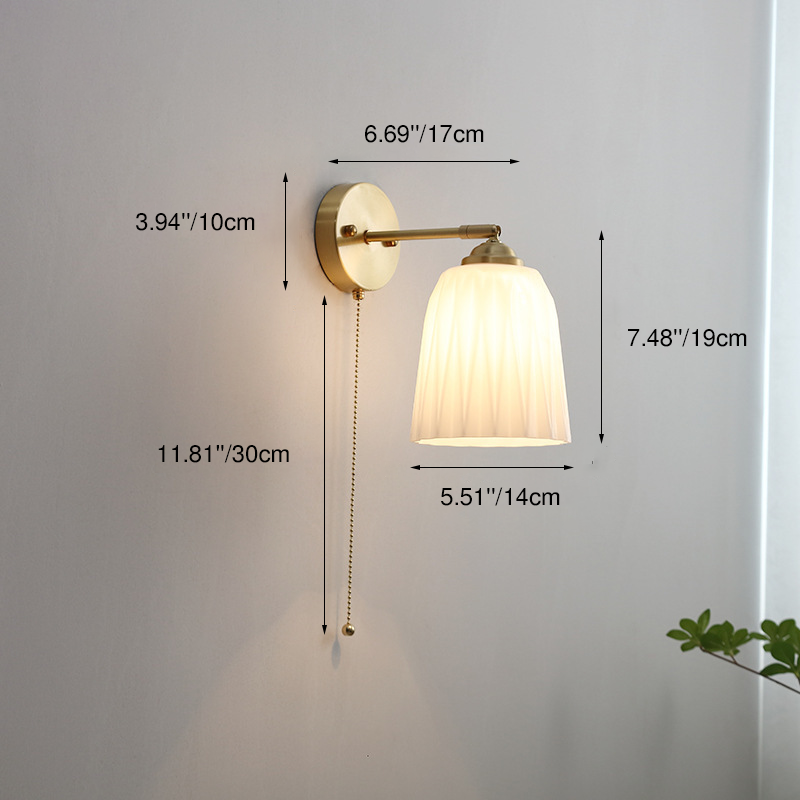 Contemporary Nordic Striped White Glass Brass 1-Light Pull Cord Wall Sconce Lamp For Bedroom 5