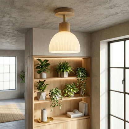 Elara Haus Ribbed Opal Dome – Scandi-Oak Semi-Flush Ceiling Light