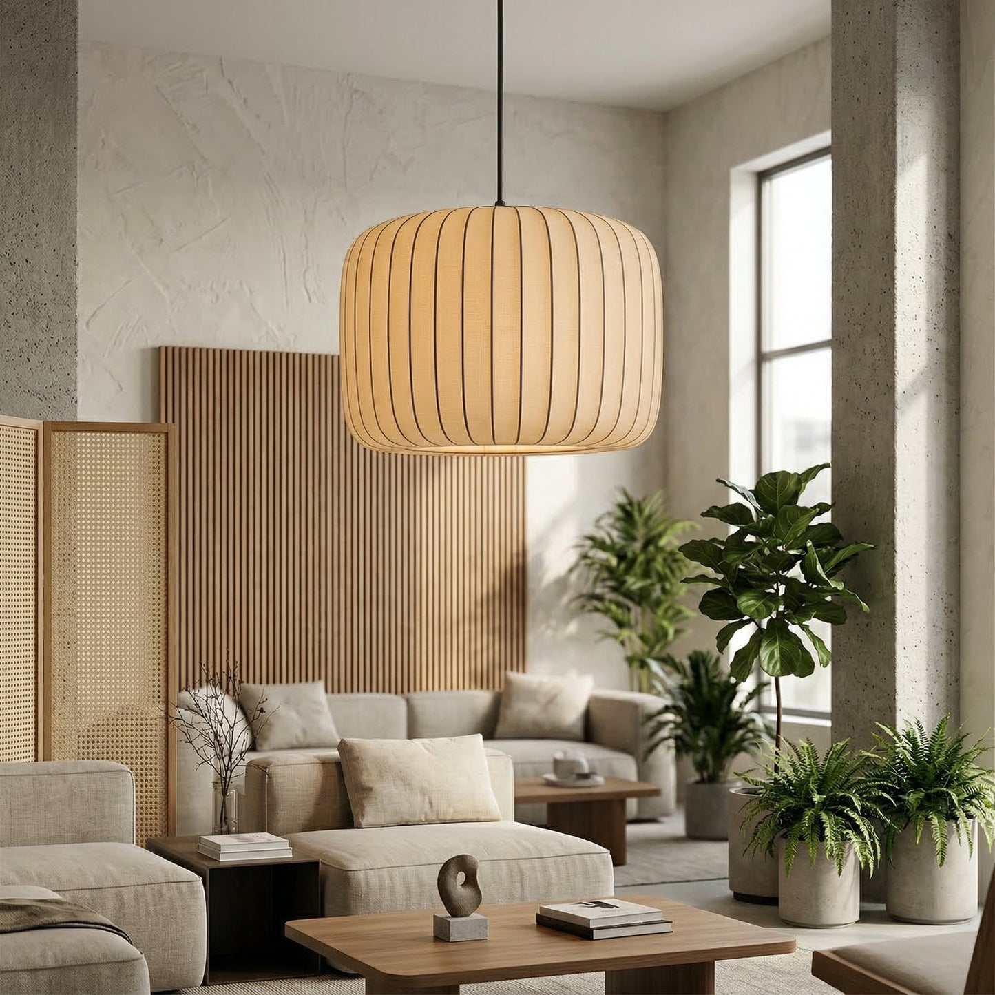 Elara Haus Ribbed Silk Drum – Pleated Cocoon Statement Pendant