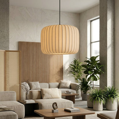 Elara Haus Ribbed Silk Drum – Pleated Cocoon Statement Pendant