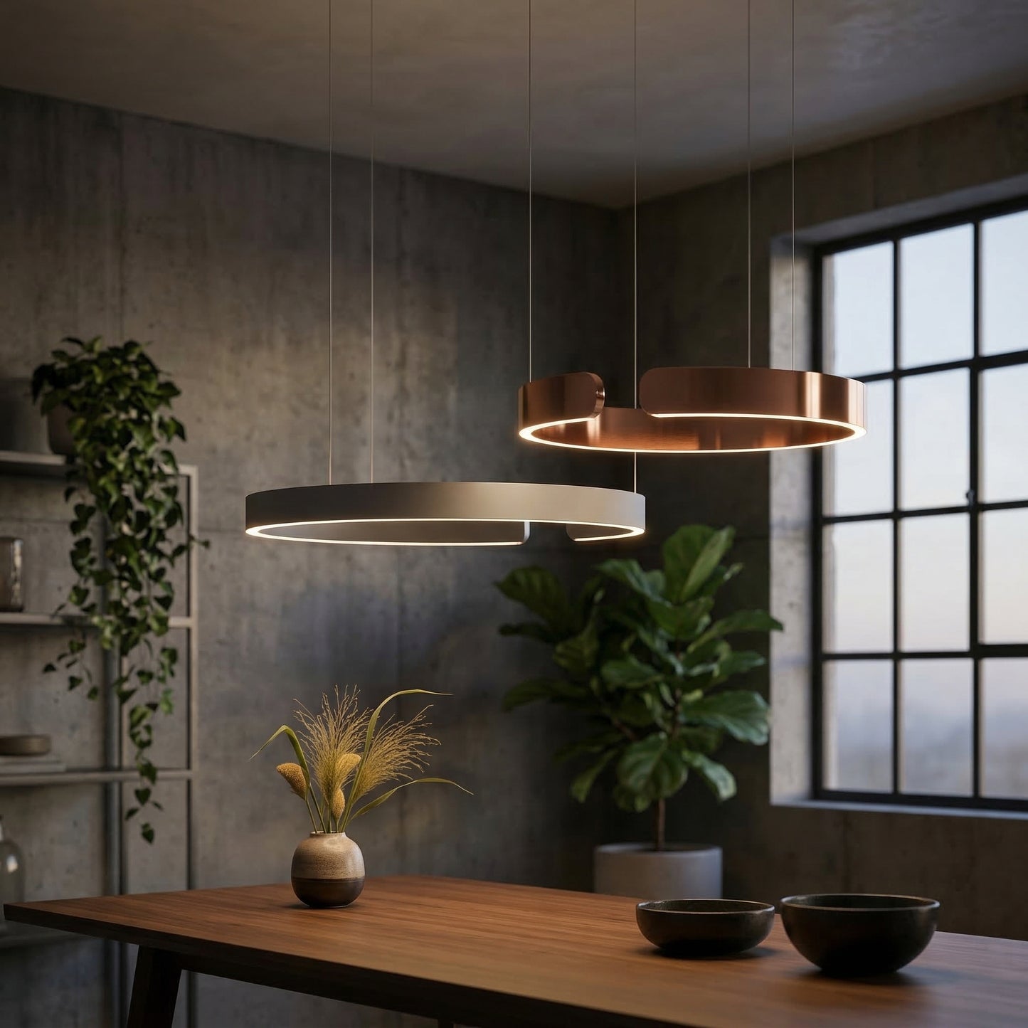 Elara Haus Ring Pendant – Floating Metallic Halo Architectural Light