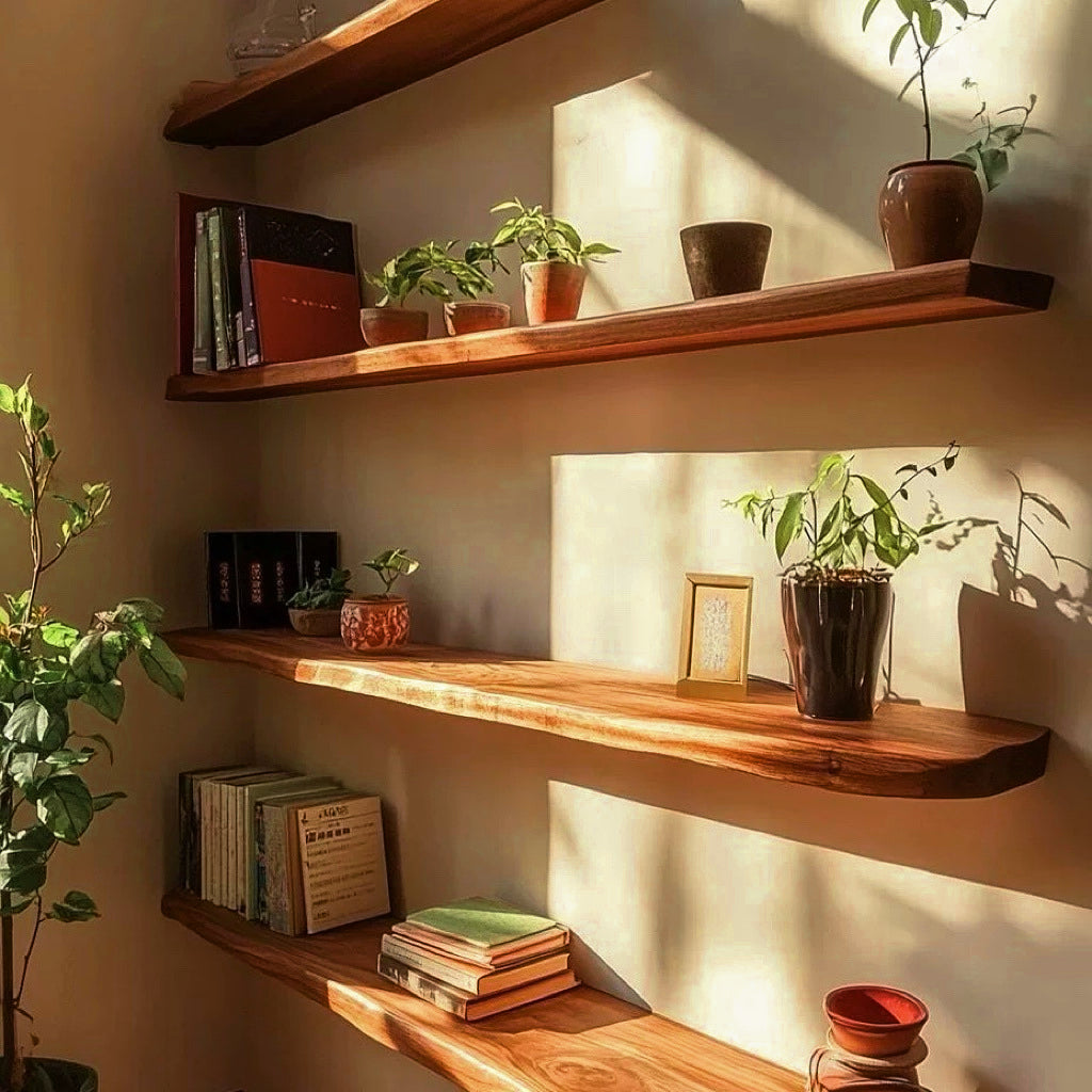 Live Edge Floating Wood Shelf – Rustic Natural Solid Wood Wall Shelf 0