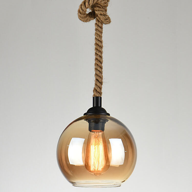 Traditional Vintage Glass Metal Rope Hanging Round 1-Light Pendant Light for Living Room 6
