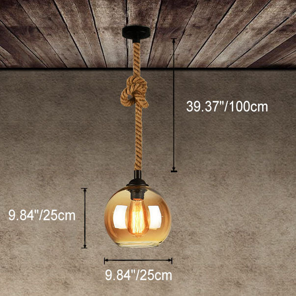 Traditional Vintage Glass Metal Rope Hanging Round 1-Light Pendant Light for Living Room 7
