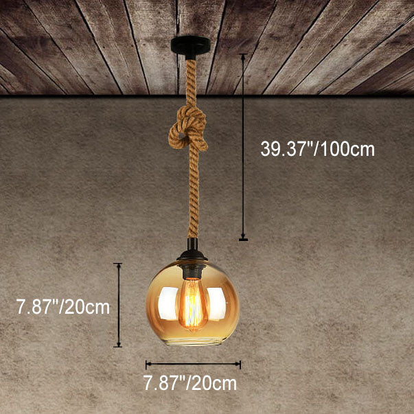 Traditional Vintage Glass Metal Rope Hanging Round 1-Light Pendant Light for Living Room 8