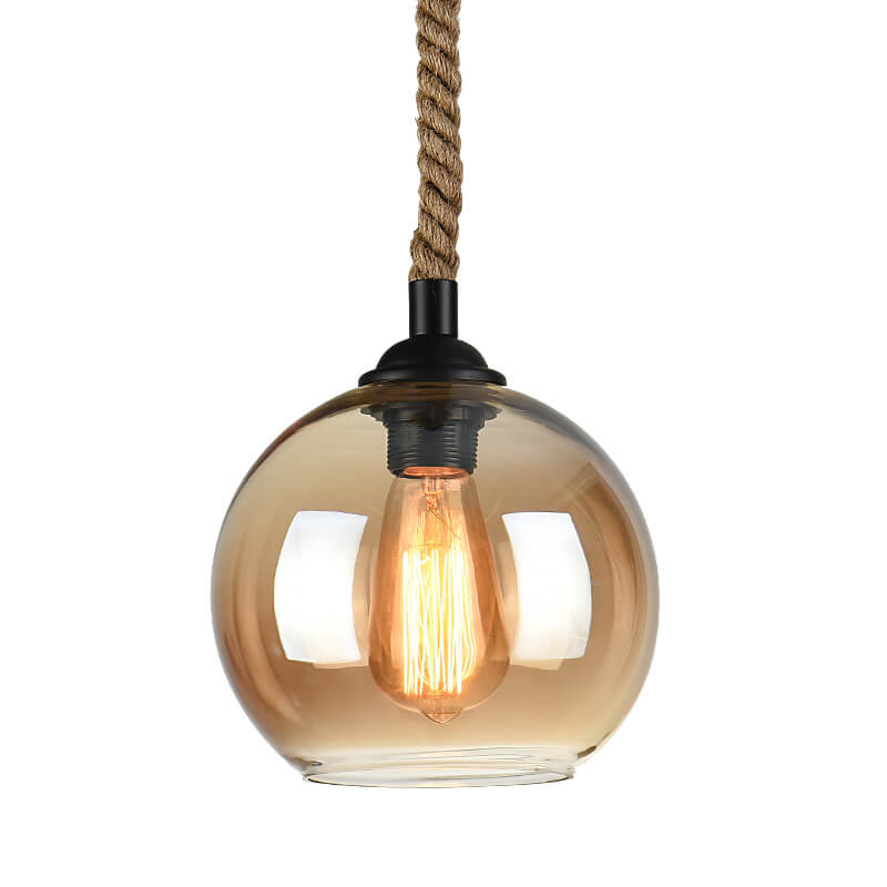 Traditional Vintage Glass Metal Rope Hanging Round 1-Light Pendant Light for Living Room 9