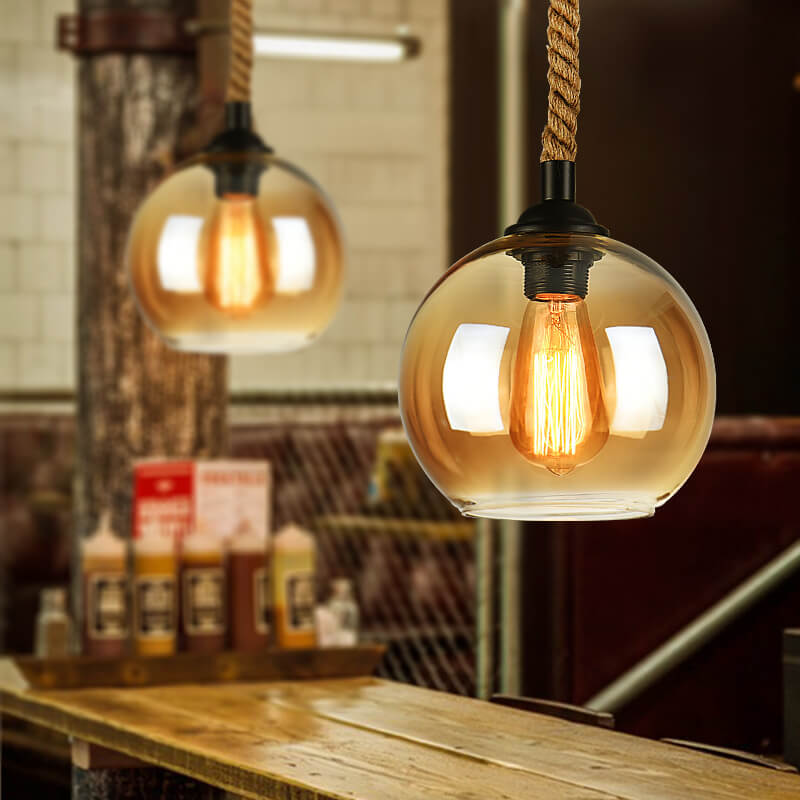 Traditional Vintage Glass Metal Rope Hanging Round 1-Light Pendant Light for Living Room 0