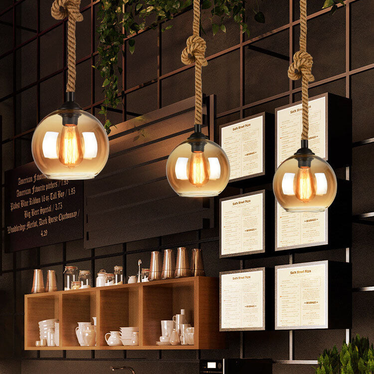 Traditional Vintage Glass Metal Rope Hanging Round 1-Light Pendant Light for Living Room 4