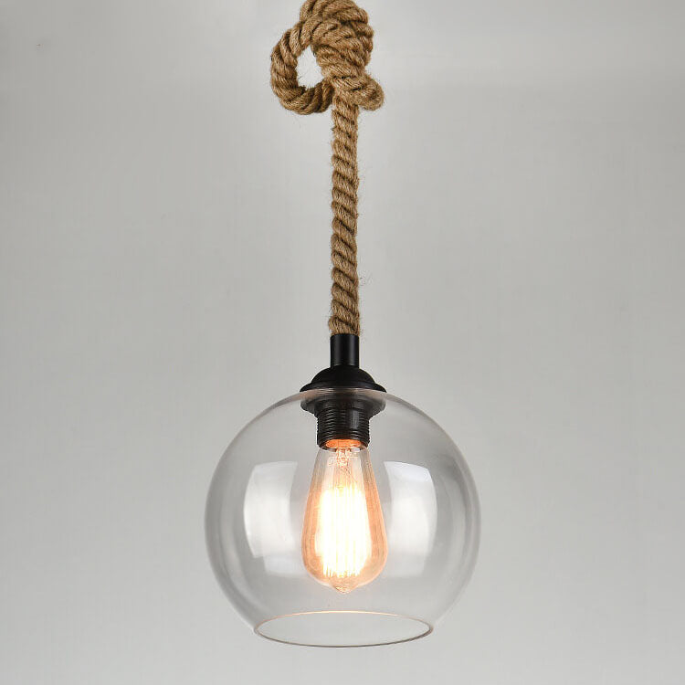 Traditional Vintage Glass Metal Rope Hanging Round 1-Light Pendant Light for Living Room 5