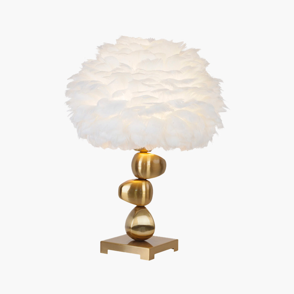 Feather table lamp, unique metal pebble design for bedroom, white 0