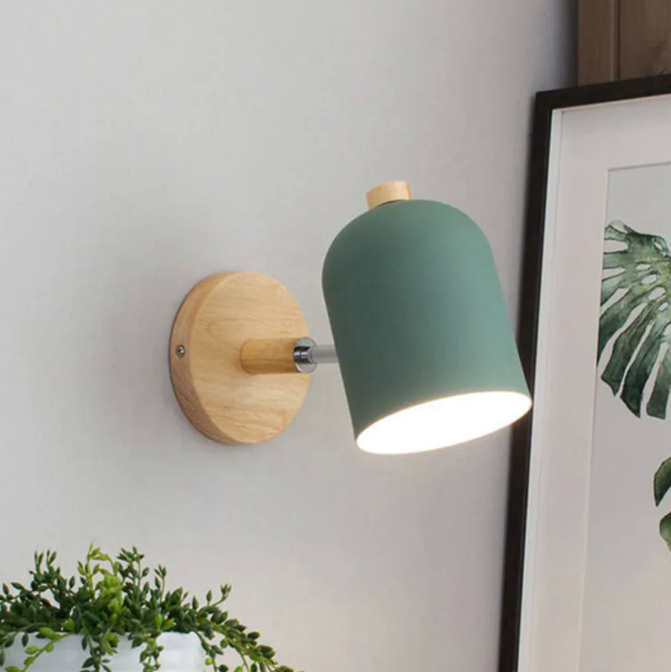 Scandinavian style wall sconce with wooden base - adjustable spotlight 7