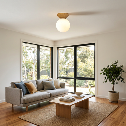 Elara Haus Scandinavian Glass Globe Ceiling Light with Timber Base