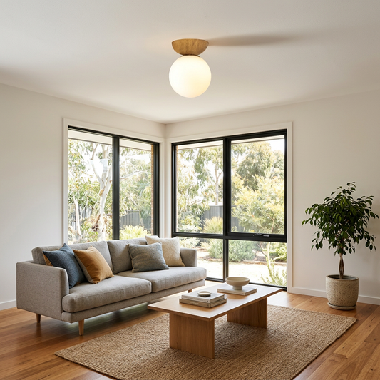 Elara Haus Scandinavian Glass Globe Ceiling Light with Timber Base