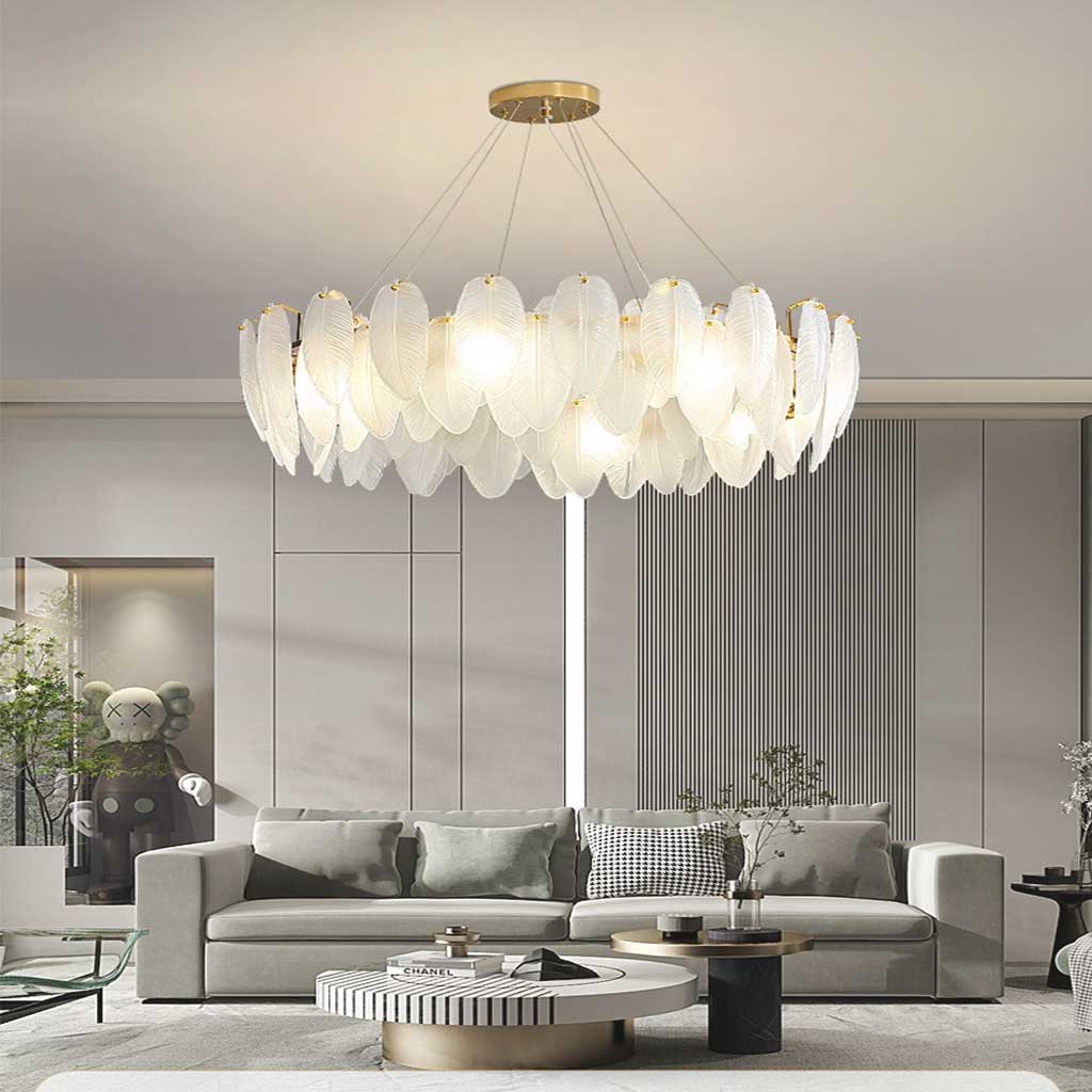 Chandelier Luxury Glass Feather Round / Rectangular, Gold & White 2