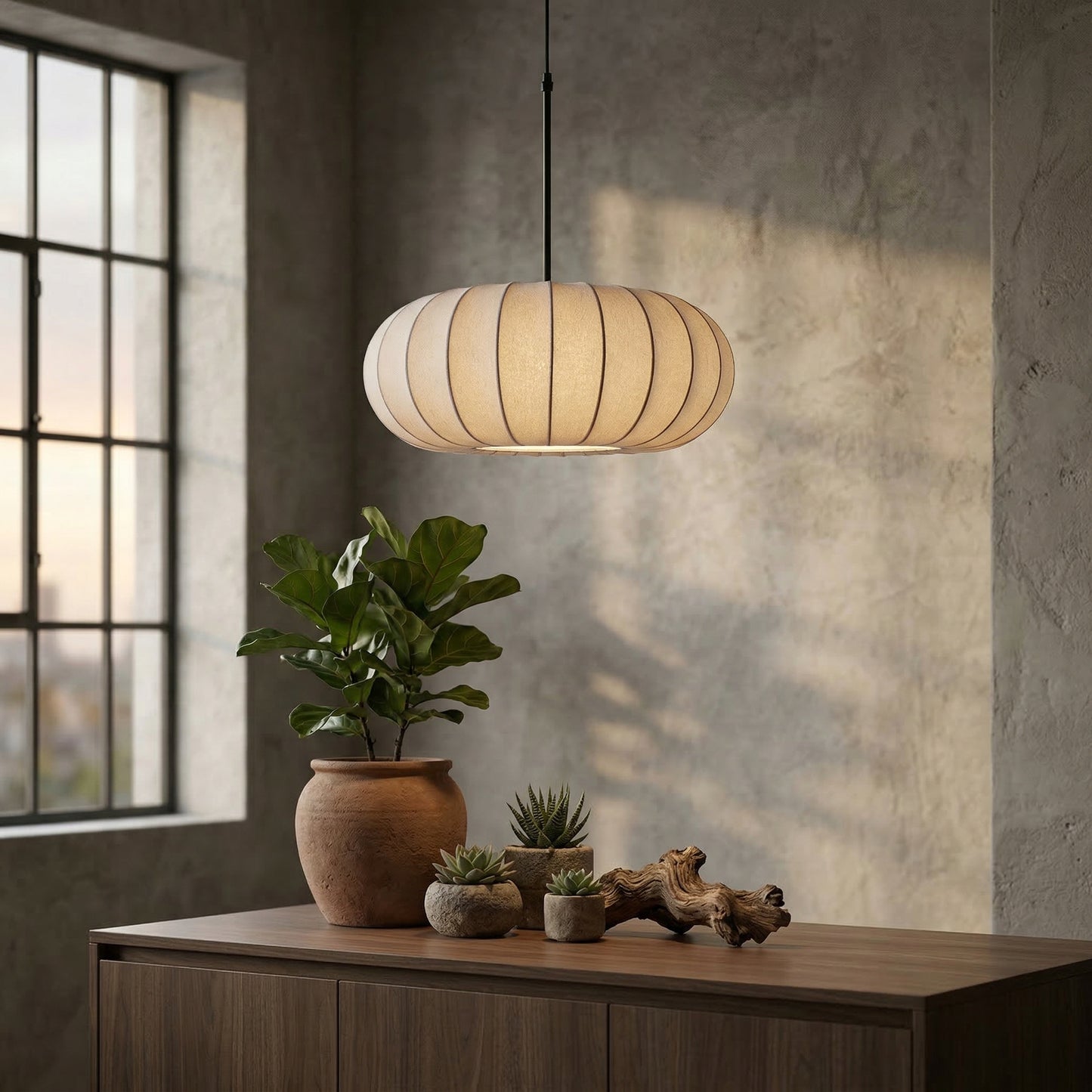 Elara Haus Silk Cocoon Pendant – Pleated Mid-Century Floating Light