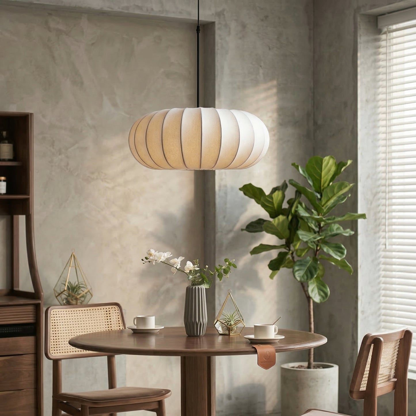 Elara Haus Silk Cocoon Pendant – Pleated Mid-Century Floating Light