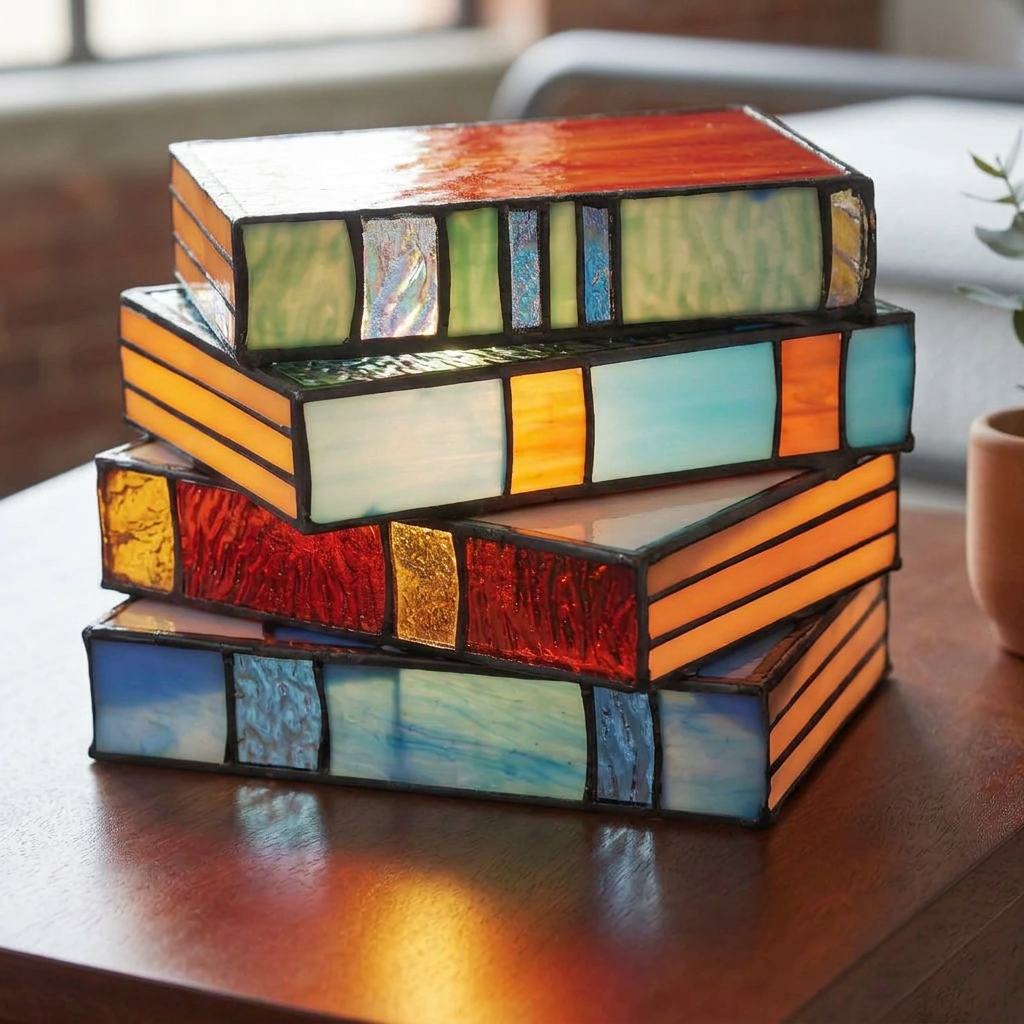 Elara Haus Stained Glass Stacked Books Table Lamp