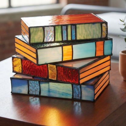 Elara Haus Stained Glass Stacked Books Table Lamp