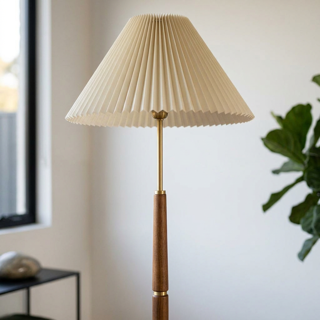 Elara Haus Standing Wood Floor Lamp with Pleated Shade