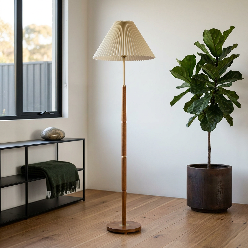 Elara Haus Standing Wood Floor Lamp with Pleated Shade